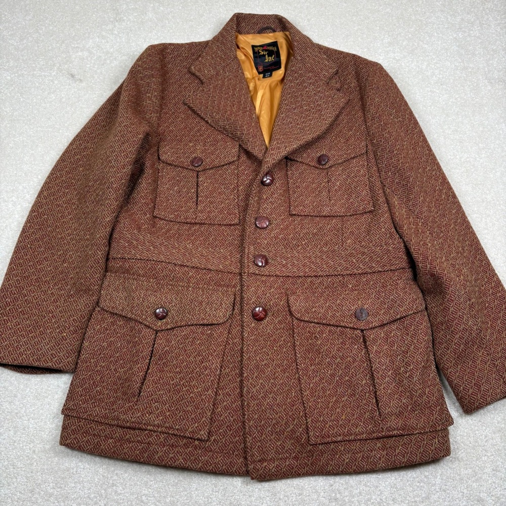 Vintage Sir Jac Mens 40 Safari Field Jacket Brown Tweed 70s Coat